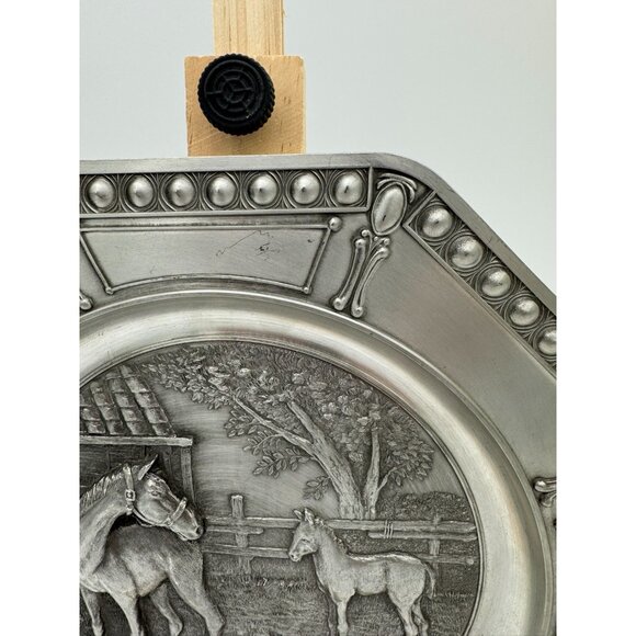 Vintage Pewter Plate Wall Hanging Embossed Mare and Foal KISKIN Belgium Octagon - Picture 5 of 10